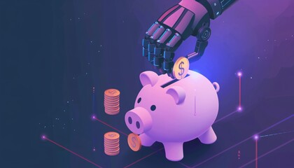 Isometric Illustration of Robotic Hand Depositing in Piggy Bank for Fintech Innovation