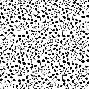 Beam music notes floating over white background. Seamless pattern in black and white for use in fabric or graphic design or printing on various surfaces.