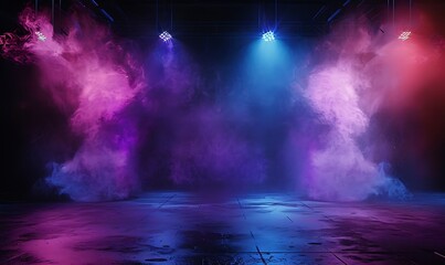 The dark stage shows, empty dark blue, purple, pink background, neon light, spotlights, The asphalt floor and studio room with smoke float up the interior texture for display products 