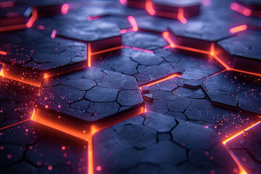 Background of a black and orange surface with lots of textures. The surface consists of small hexagonal blocks that are illuminated with orange and red lights. The scene is chaos