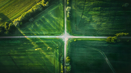 Green field with a fork view from above