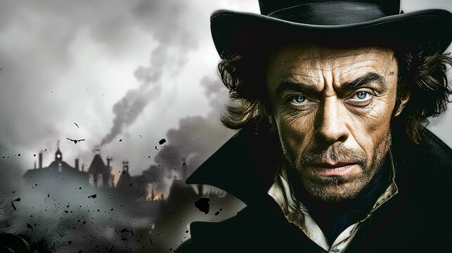 A dramatic portrait of a respectable gentleman amidst the smoky, foggy atmosphere of the streets of Victorian London