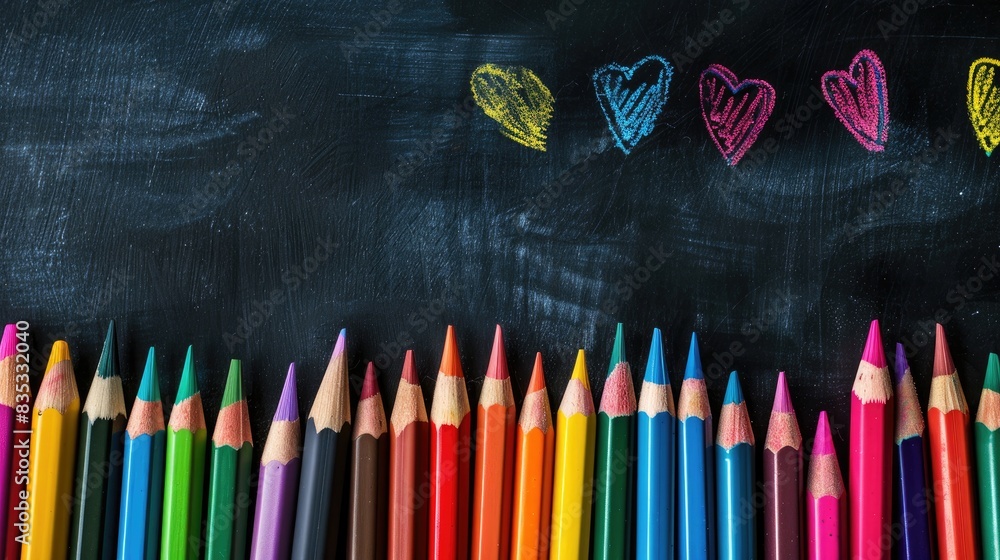 Sticker School Supplies Colored markers and pencils set against a blackboard backdrop