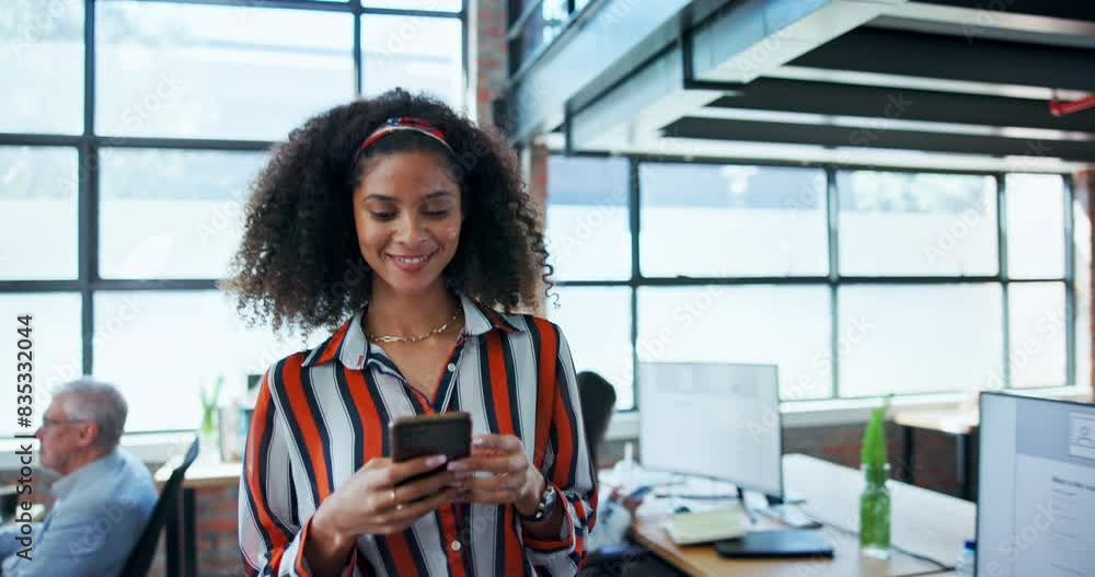 Canvas Prints office, woman and smile with phone at work for communication, networking and market research. happy,