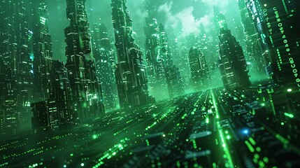 A cybernetic vision of binary code streams flowing through a futuristic landscape, with glowing green and blue digits, interwoven with mechanical components, set against a dark, industrial background.