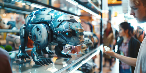 Synthetic Pet Store: A store selling synthetic pets, with lifelike robotic animals on display and customers browsing for their ideal companion