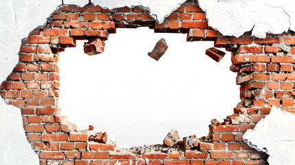 Dramatic hole in red brick wall with debris, revealing white background. Symbolizes overcoming obstacles and innovation.