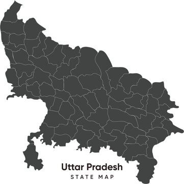 High Quality administrative and political map of the State Uttar Pradesh in North India, black colour with border stroke in grey for districts and divisions.
Border with Uttarakhand