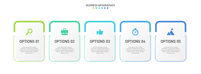 Horizontal progress bar featuring 5 arrow-shaped elements, symbolizing the five stages of business strategy and progression. Clean timeline infographic design template. Vector for presentation