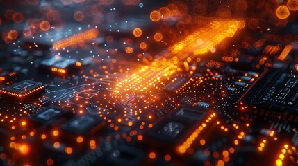 A digital collage combining elements of real silicon chips with abstract, pulsating electronic signals rendered in vibrant blue and white, over a blurred technological background.