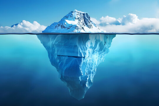 a towering iceberg in shades of blue, a chilling reminder of the hidden dangers of global warming. generative ai