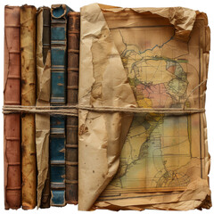 A stack of old books and a map wrapped in brown paper and tied with twine.  The edges of the paper are frayed, suggesting age and use. isolated transparent background