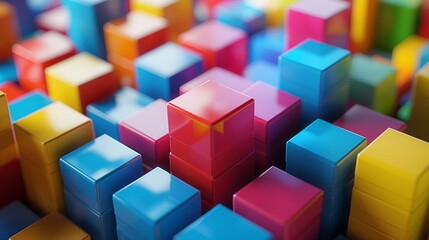 Obraz premium Close-up view of colorful 3D pixel blocks forming a vibrant, abstract cityscape in a digital environment