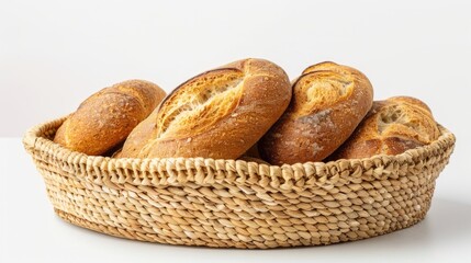 Baked goods stored in woven container on white background