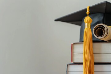 Stack of hardcover books with a graduation cap on top and diploma, symbolizing academic achievement and readiness for a professional career, against a neutral background with copy space