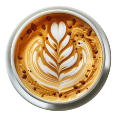 A close-up view of a latte with a heart and leaf design in the foam and cocoa powder sprinkled on top isolated on White background.