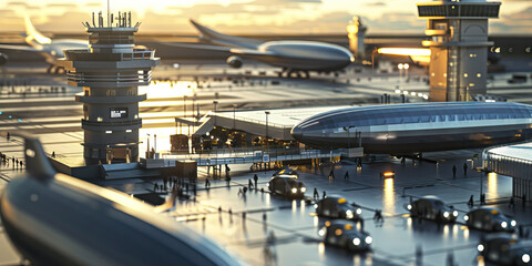 Obraz premium Skyport Terminal: A bustling terminal for airships and flying vehicles, with docking platforms, air traffic control towers, and passengers boarding and disembarking