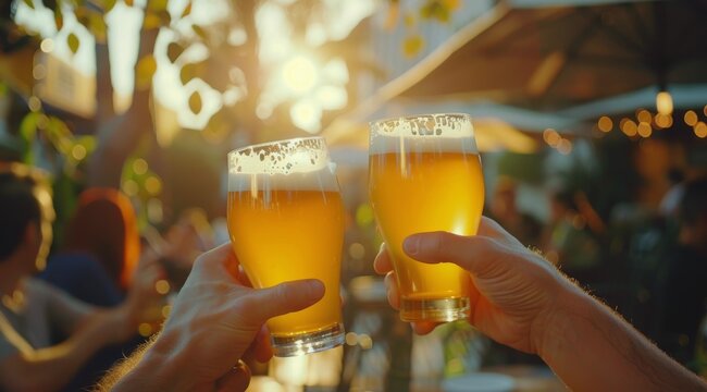 Two People Toasting Beer Glasses in Outdoor Setting During Golden Hour