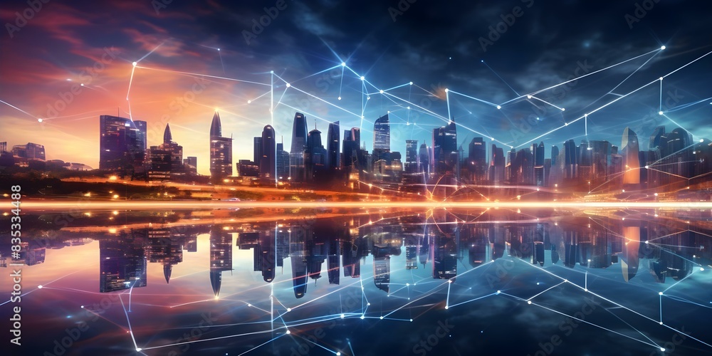 Aufkleber abstract futuristic smart city with interconnected data buildings and gradient lines. concept futuri