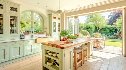 Fototapeta premium A bright and airy country kitchen with pastel-colored cabinets, a large wooden island with seating, and floor-to-ceiling windows offering a view of a lush garden.