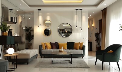 Modern living room interior design and concrete texture wall background 