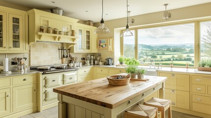 A bright country kitchen with pale yellow cabinetry, a large wooden island with seating, and an expansive window offering a scenic view of the countryside.