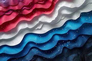 Colorful wave pattern with blue, red, and white stripes. The colors are bright and bold, creating a sense of energy and excitement
