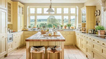 A bright country kitchen with pale yellow cabinetry, a large wooden island with seating, and an expansive window offering a scenic view of the countryside.