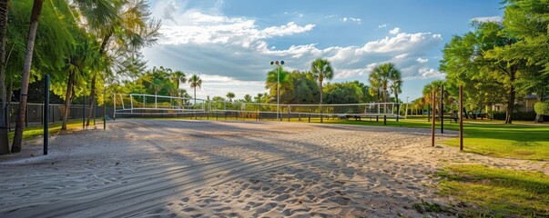 Naklejka premium An empty beach volleyball court with textured sand and net under the golden hour sunshine, inviting a sporty atmosphere.