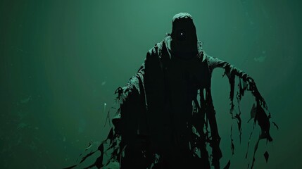 Creepy silhouette of a ghostly figure in a tattered cloak against a dark green setting.