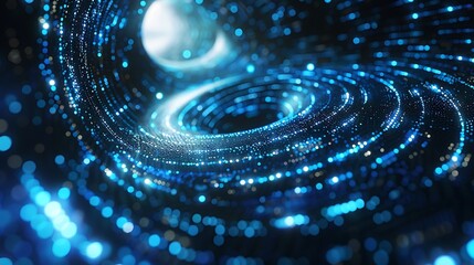 A digital collage of the Algorithmic Abyss, combining real-world mathematical symbols with digitally rendered swirling algorithmic patterns in blue and white, over a blurred technological background.