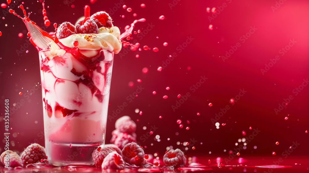Poster creative food template. topping fruit raspberry and ice cube splashing dropping onto glass of milk m