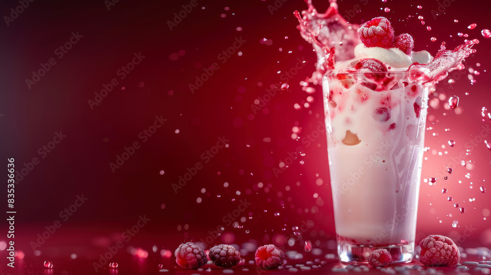 Poster creative food template. topping fruit raspberry and ice cube splashing dropping onto glass of milk m