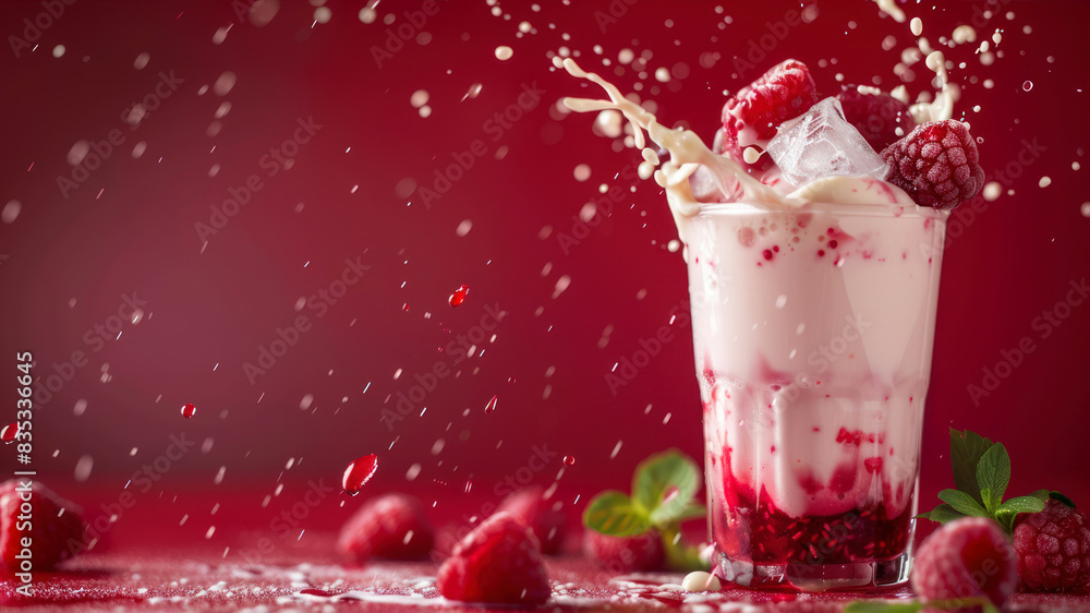 Poster creative food template. topping fruit raspberry and ice cube splashing dropping onto glass of milk m