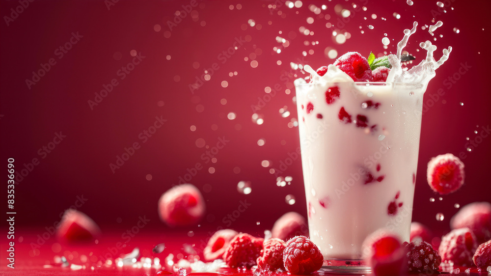Poster creative food template. topping fruit raspberry and ice cube splashing dropping onto glass of milk m