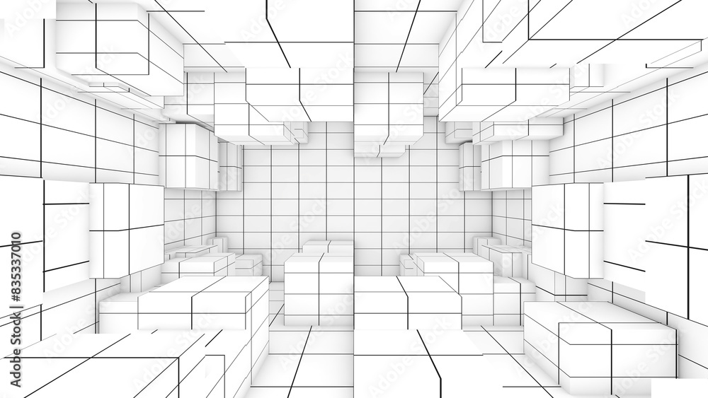 Poster a grid of lines in an empty, white room serves as a visual cue. ,a space with a distance-measuring g