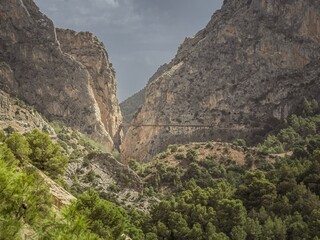 Distant view of the walkway and bridge on the El Caminito del Rey in Malaga, Andalusia, Spain