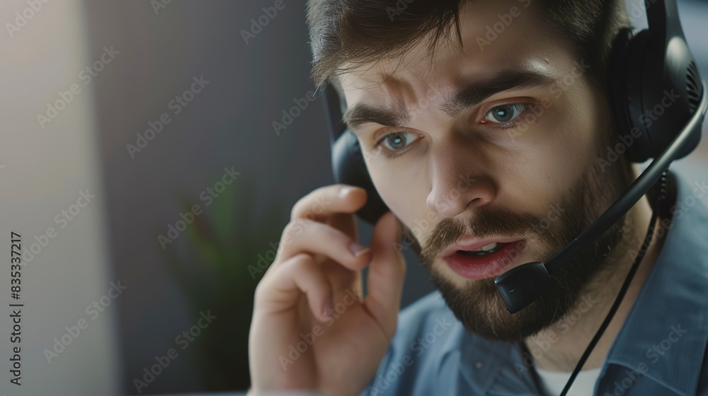 Poster tech support engineer explaining a software problem over a headset, close-up, engaged and helpful.