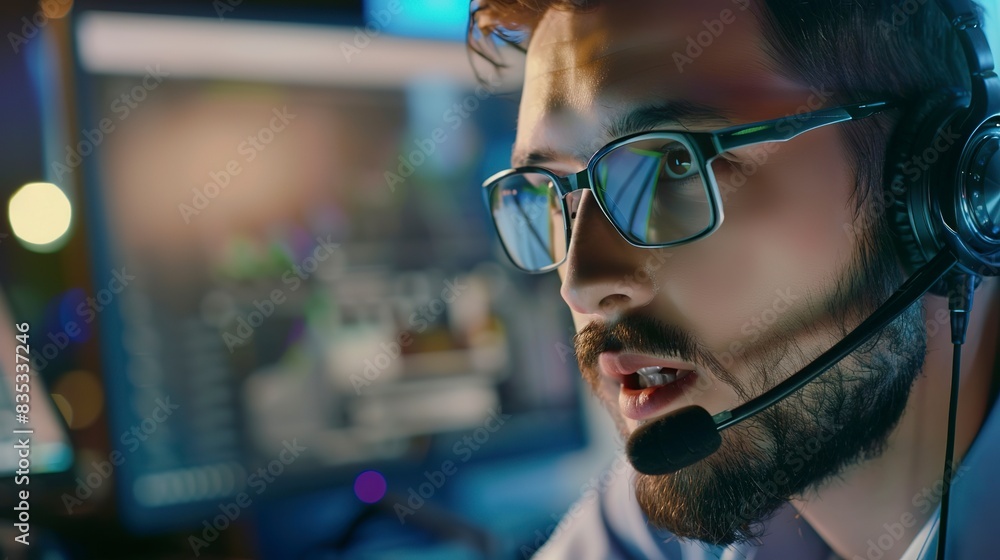 Poster tech support engineer explaining a software problem over a headset, close-up, engaged and helpful.