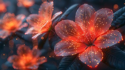 A digital illustration of Digital Bloom, showing vibrant flowers blossoming amidst circuit boards and glowing wires, against a dark, tech-infused background.