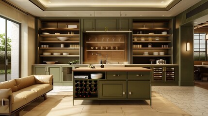 A contemporary kitchen lobby featuring olive green cabinets with open shelving, a central butcher block island, and a comfortable seating zone with tan leather furniture.
