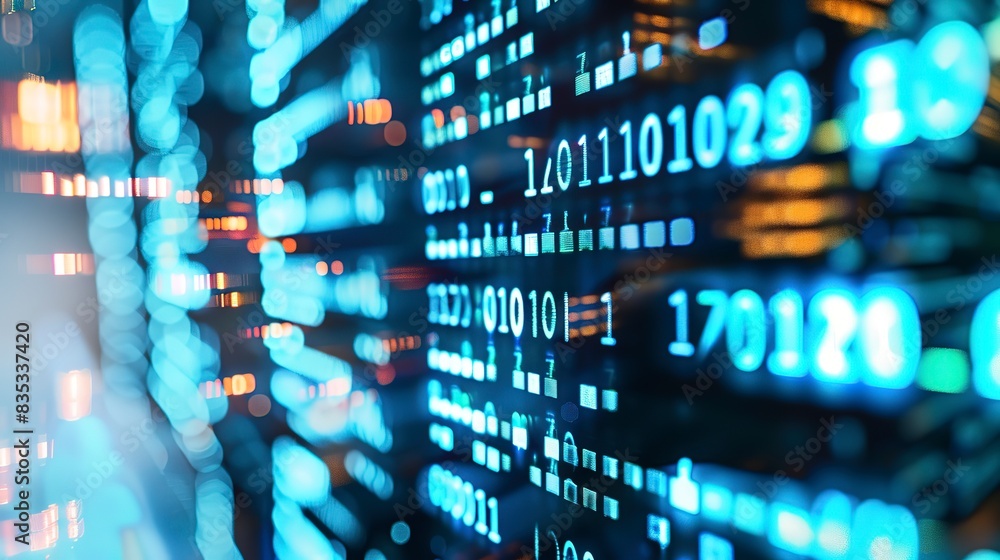 Poster detailed view of encrypted data streaming on a monitor, close-up, secure information transfer, high-