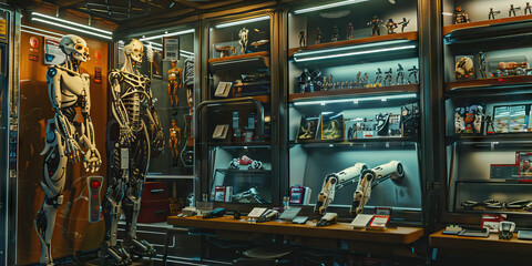 Cybernetic Body Shop: A shop specializing in cybernetic enhancements and body modifications, with displays of prosthetic limbs and neural interfaces