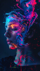 creative portrait, woman, noir, brain, abstract fluids, neon color, paint, black background