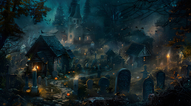 A dark fantasy village with cobblestone streets, cozy taverns lit by lantern light and cemeteries filled with weathered tombstones, glowing pumpkin, bats