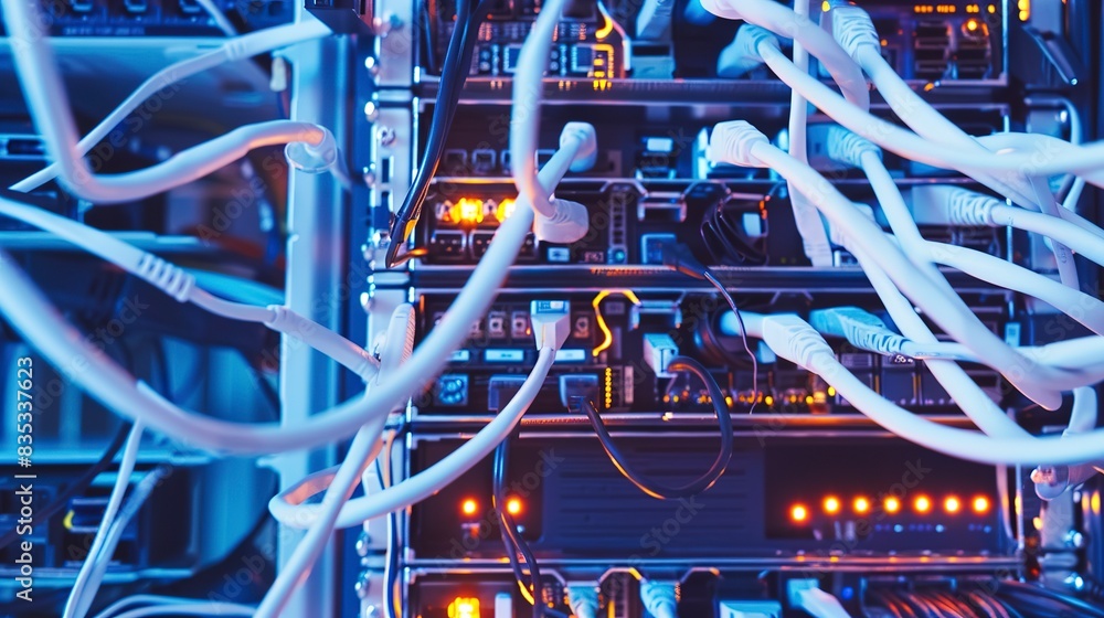 Poster network cables being connected to a server, close-up, organized and color-coded for efficient manage