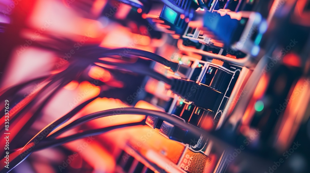 Poster network cables being connected to a server, close-up, organized and color-coded for efficient manage