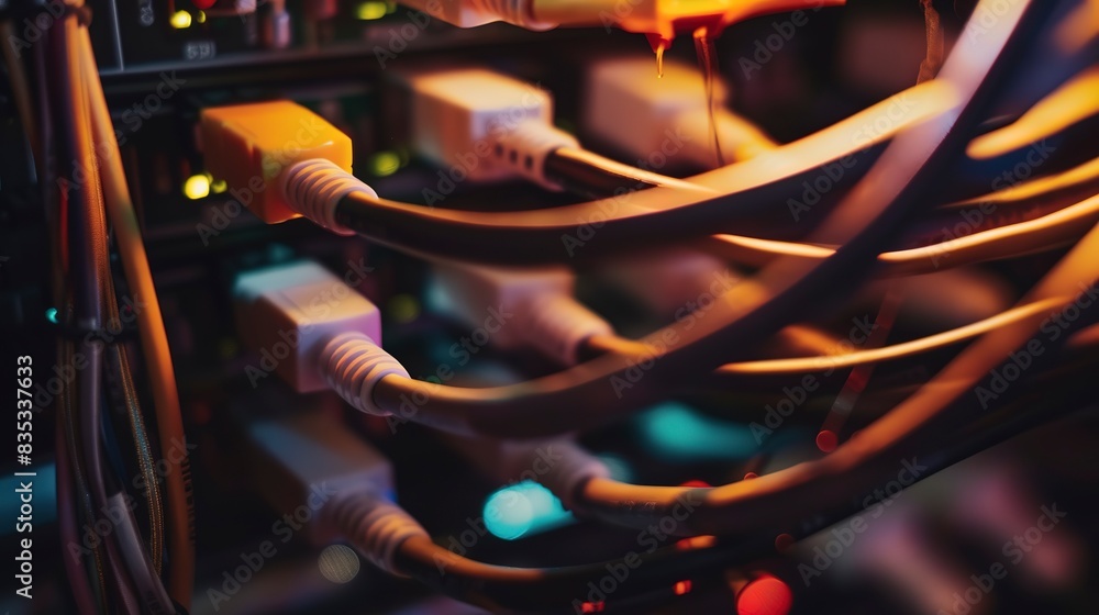 Poster network cables being connected to a server, close-up, organized and color-coded for efficient manage