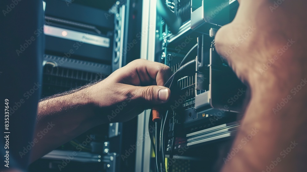 Poster close-up of a technician's hands installing a server in a rack, precise alignment, focus on hardware