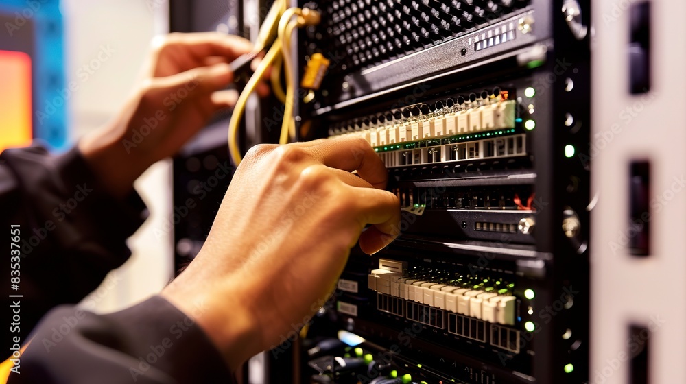 Poster Close-up of a technician's hands installing a server in a rack, precise alignment, focus on hardware. 